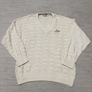 Vintage Jaguar Auto Car Cable Knit Sweater Beige XL Embroidered Luxury Preppy